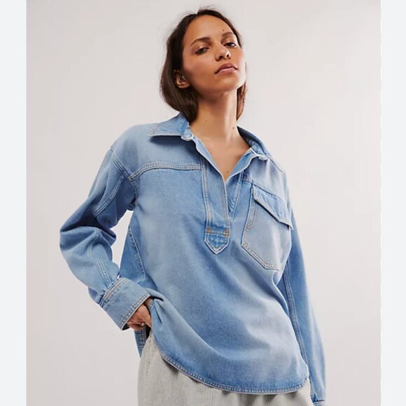 NWOT We The Free Leah Denim Pullover Jacket Blue Oversized - Picture 2 of 10